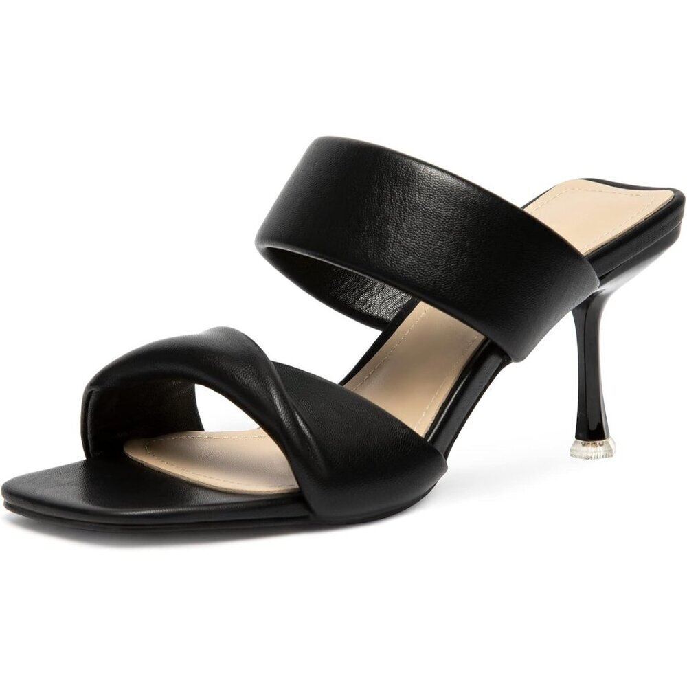 Zelaprox Women's Black Faux Leather Two Straps Square Open Toe Kitten Heel Shoes